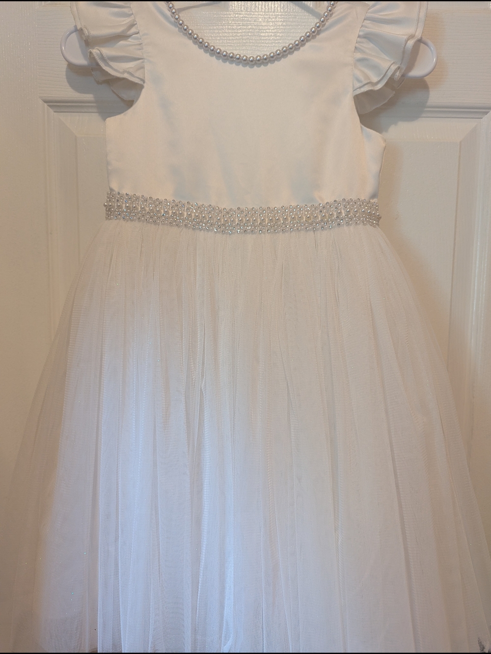 Pearl-Trim White Tulle Girls' Formal Dress